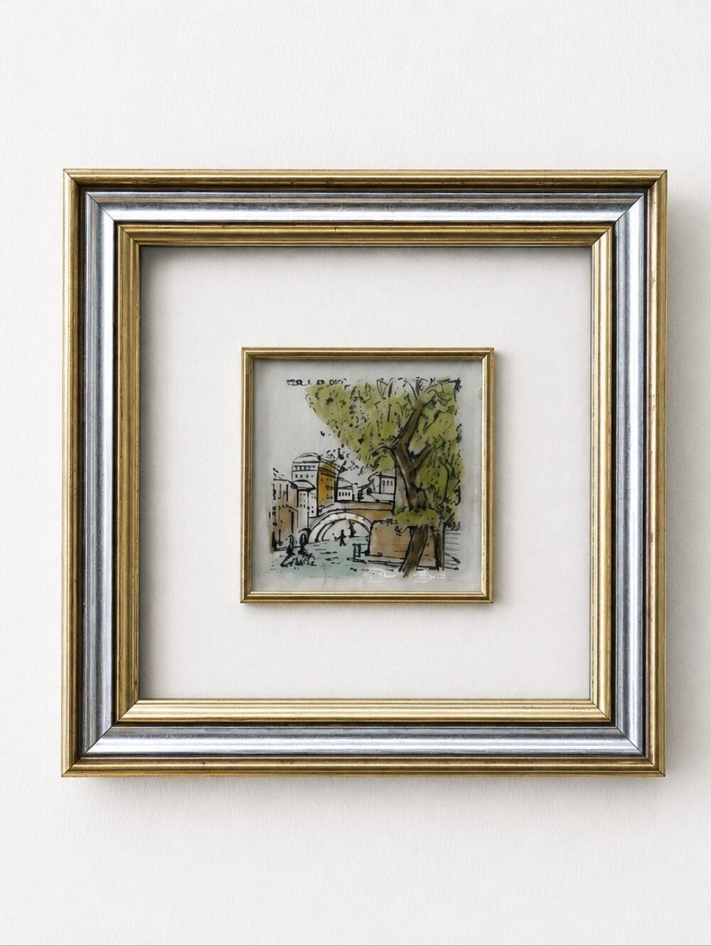 Vintage Silver Leaf Painting, Italian Crafted Frame Mini Art